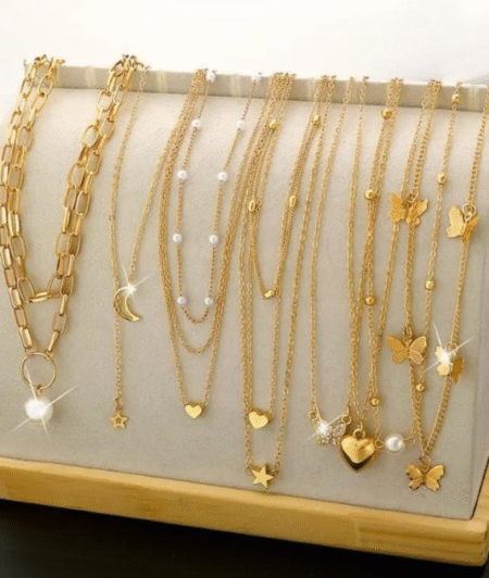 Elegant Bohemian Style Faux Rhinestone Heart Butterfly Star Moon Pendant Necklace Set for Women